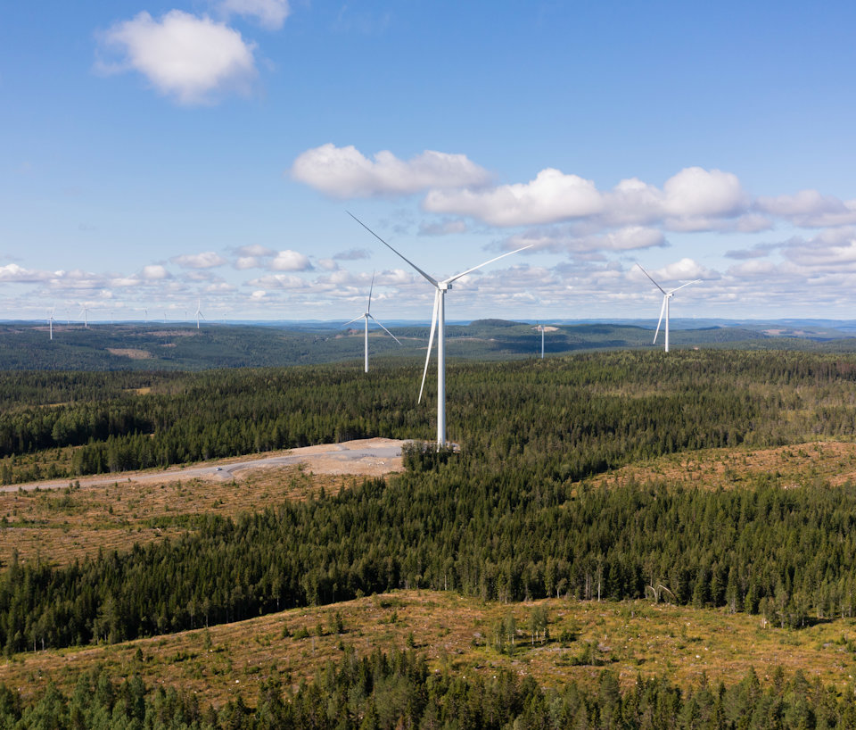 a group of wind turbines in a field